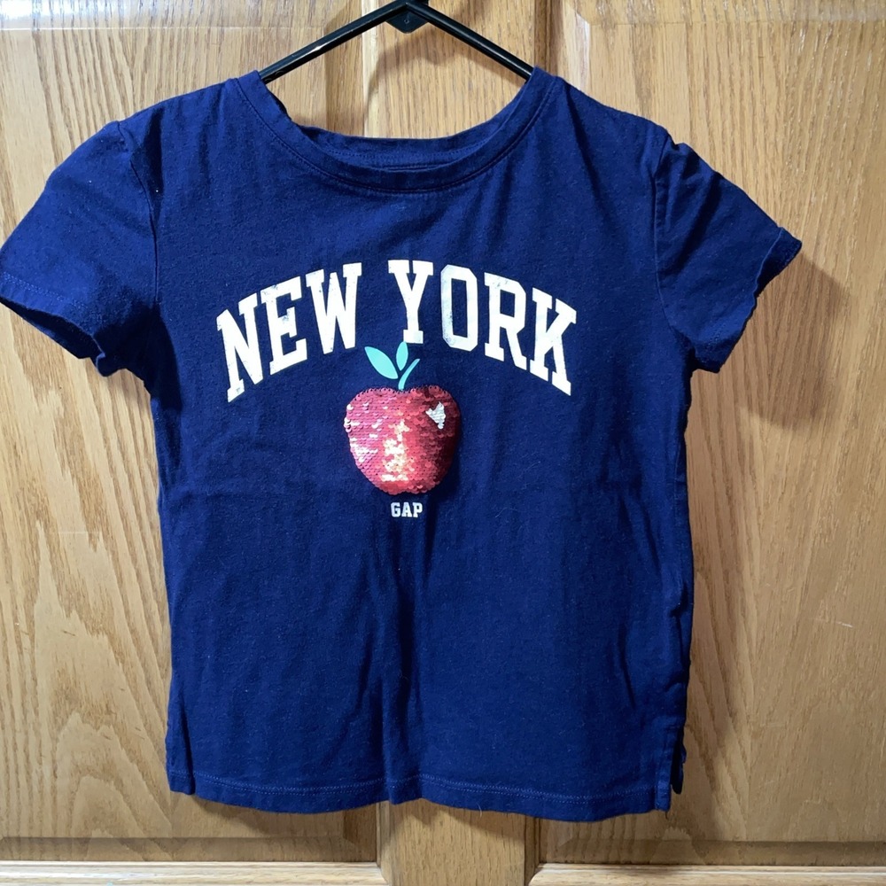 Gap Kids Short Sleeve Sequin Apple New York Graphic Tee Navy Girls Med